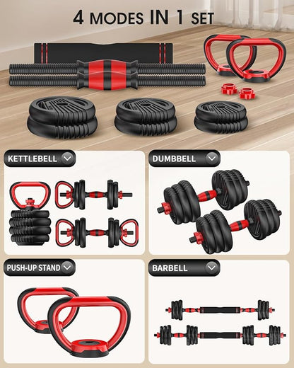 Adjustable Dumbbells, 10/25/35/55/70/90lbs Free Weight Set with Connector, 4 in1 Dumbbells Set Used as Barbell, Kettlebells, Push up Stand, Fitness Exercises for Home Gym Suitable Men/Women