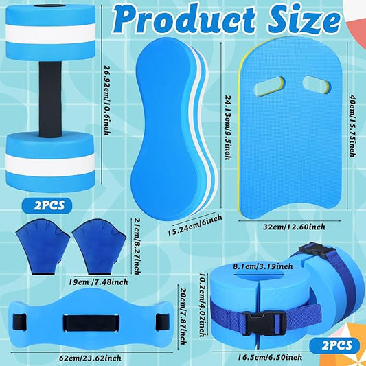 8 Pcs Water Aerobics Set Including Exercise Foam Dumbbells Aquatic Swim Belt Pull Buoy Swim Kickboard Sport Gloves Water Weights Equipment for Aquatic Fitness Weight Loss Fitness Tool
