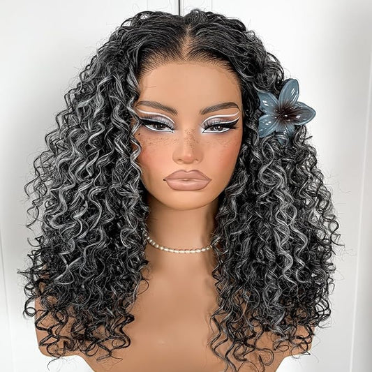 Grey Highlight Curly Wig Wear And Go Glueless Synthetic HD Lace Afro Wig 13x6 Black And White Skunk Stripe Kinky Curly