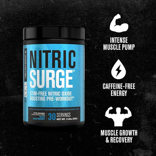 Jacked Factory Nitric Surge Stim Free Pre Workout Powder - Caffeine-Free Nitric Oxide Supplement w/Con-Cret Creatine, L Citrulline, & GlycerSize Glycerol - Cherry Kiwi, 30 Servings