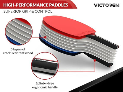 VICTOREM Table Tennis Paddles Set of 4 - Professional Ping Pong Paddles Set with Rubber & Ergonomic Handle for Enhanced Control & Spin - Speed & Control for Ultimate Performance with 8 Balls Included