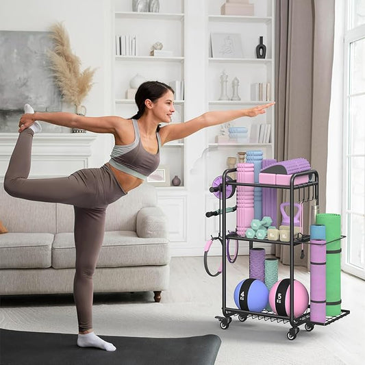 Weight Rack for Home Gym, All in One Yoga Mat Storage Rack, Workout Equipment Storage with Wheels and Hooks for Dumbbells Kettlebells Foam Rollers, Powder Coated Finish Steel