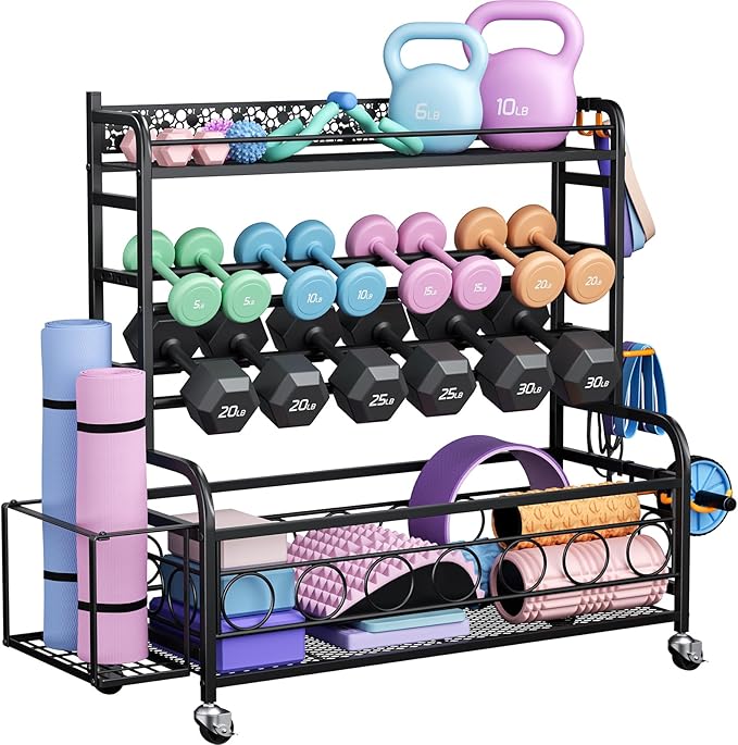 Dumbbell Rack, VOPEAK Weight Rack for Home Gym, Home Gym Storage Rack for Yoga Mat Kettlebells and Strength Training Equipment, Weight Storage Rack for Dumbbells with Wheels