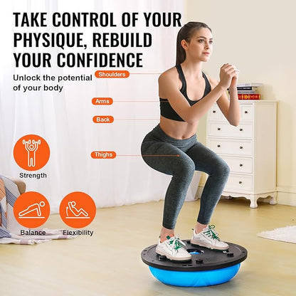 VEVOR Half Exercise Ball Trainer, 23/26 inch Balance Ball Trainer, 1500lbs Capacity Stability Ball, Yoga Ball with Resistance Bands & Foot Pump, Strength Fitness Ball for Home Gym Full Body Workout Black