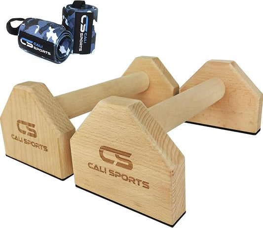 Calisthenics Wood Parallettes Bars | Push Up Bar That Will Not Slip or Wobble | Wrist Wraps Included