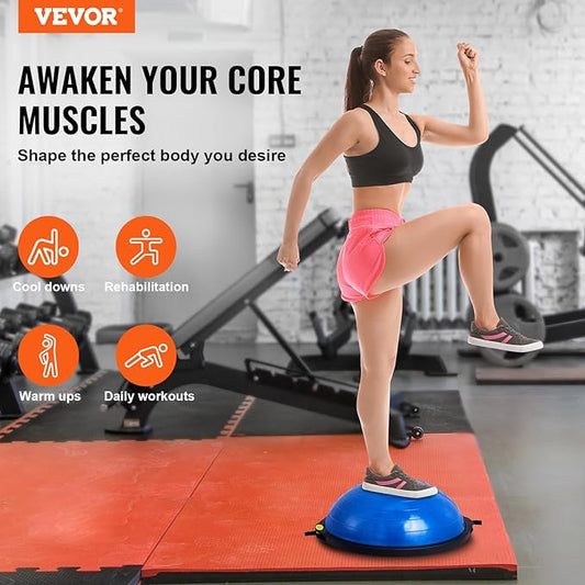 VEVOR Half Exercise Ball Trainer, 23/26 inch Balance Ball Trainer, 1500lbs Capacity Stability Ball, Yoga Ball with Resistance Bands & Foot Pump, Strength Fitness Ball for Home Gym Full Body Workout Black