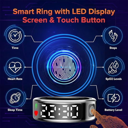 Smart Ring for Women Men with LED Display Screen & Touch Button, IP68 Waterproof Health Ring, Bluetooth Connection Health Tracker Ring Tracks Sport Activities/Heart Rate/Blood Oxygen/Sleep/Steps