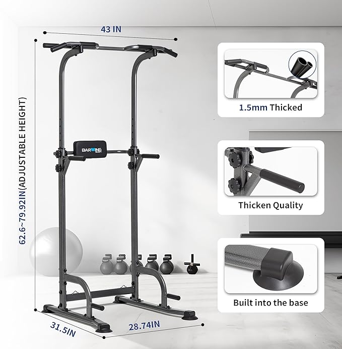 BARWING Pull Up Bar Station, Power Tower, Dip Station with 3D Backrest, Multi-Function Strength Training Stand Rack, Adjustable Height Dip Bar for Home Gym Workout Stand Fitness Exercise Equipment
