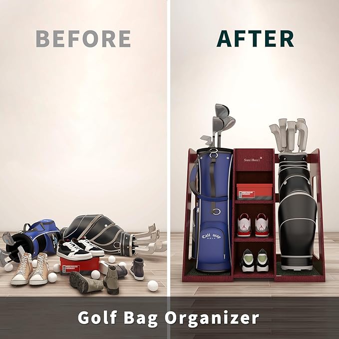 Golf Bag Organizer Storage Rack Stand Holder Fits 2 Extra Large Golf Club Bags and Multiple Golfing Equipment Accessories Great Gifts for Any Skill Level Golfer in Garage Shed Basement Indoor Outdoor