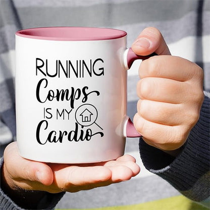 Retreez Funny Mug - Running Comps is My Cardio Realtor Real Estate Agent 11 Oz Ceramic Coffee Mugs - Funny, Sarcasm, Motivational, Inspirational birthday gift - White Mug with Pink Handle and Inner
