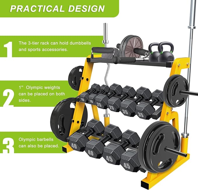 Kipika Heavy Duty 3 Tier Dumbbell Rack Multifunctional, Weight Rack for Dumbbells, Home Gym Equipment, Suitable for Storage of Dumbbell, Kettle Bell, Barbell Plate, Barbell Bar