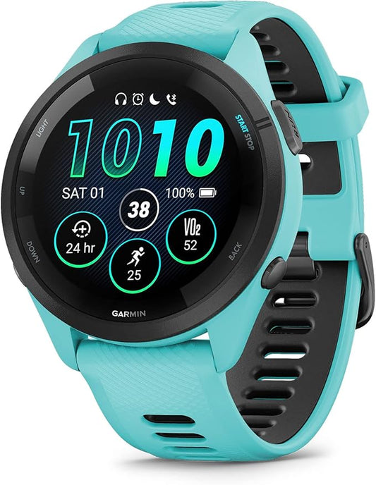 Garmin Forerunner 265 Running Smartwatch, Colorful AMOLED Display, Training Metrics and Recovery Insights, Aqua and Black, 46 mm (Renewed)