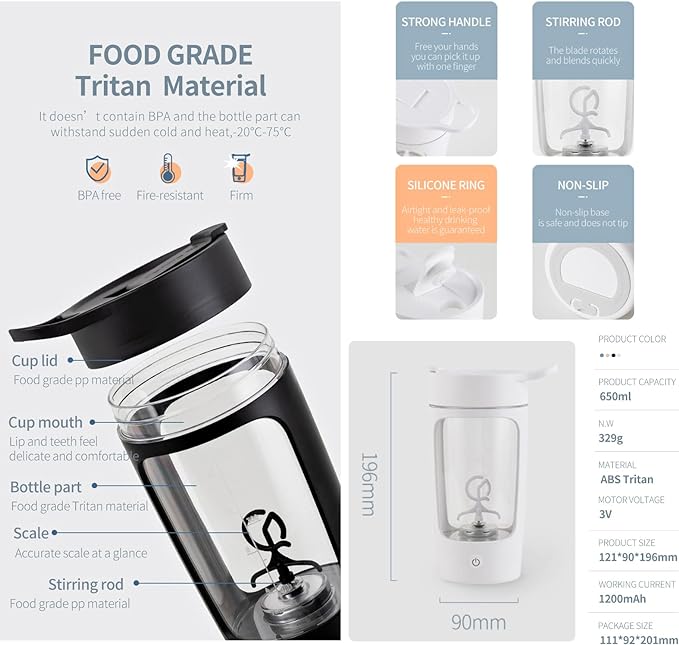 Electric Shaker Bottle, Blender Bottles For Protein Mixes, | Tritan | BPA Free| Portable Mixer Cup, Rechargeable Shake Cups And Meal Replacement Shakes, 22 oz(White)