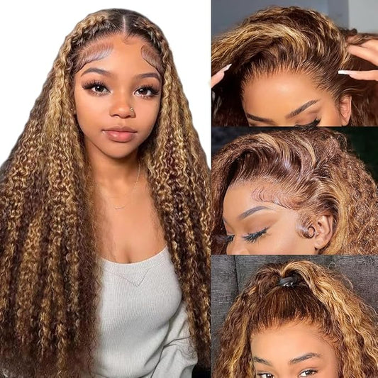 FABA Ombre Deep Wave Lace Front Wig 26 Inch 13X4 Honey Blonde Glueless Wigs Human Hair Brown Wig with Highlights 180% Density Highlighted Lace Front Wig Human Hair Pre Plucked with Baby Hair
