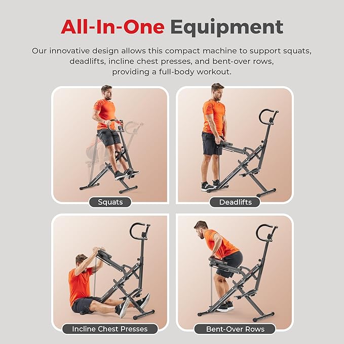 Sunny Health & Fitness Row-N-Ride® Plus, Heavy Duty Assisted Squat Machine with 300 LB Max Weight Capacity, Adjustable Resistance and Thick Padded Seat - NO. 077PLUS