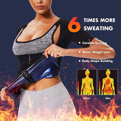 Sauna Suit Shirt for Women Sweat Jacket Hot Waist Trainer Zipper Short Sleeve Workout Vest Tank Top Body Shaper