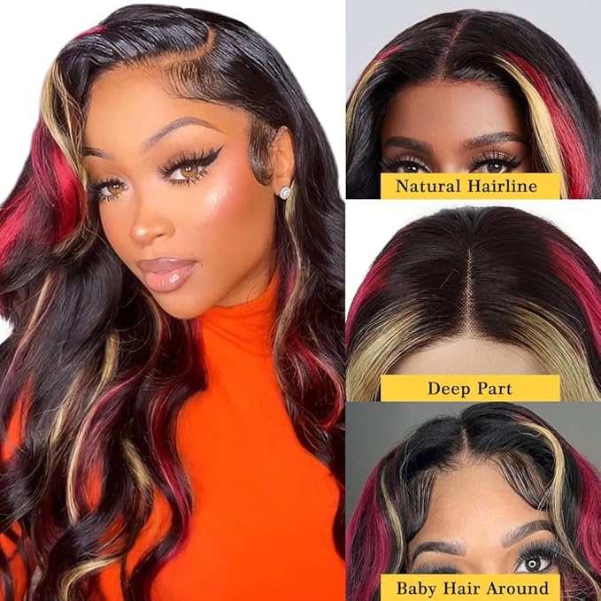 FABA Skunk Stripe Wigs Black Red Blonde Highlights Wig Human Hair 32 inch 13x4 HD Lace Front Human Hair 180% Density Black and Red Wig Highlight Body Wave Pre Plucked with Baby Hair