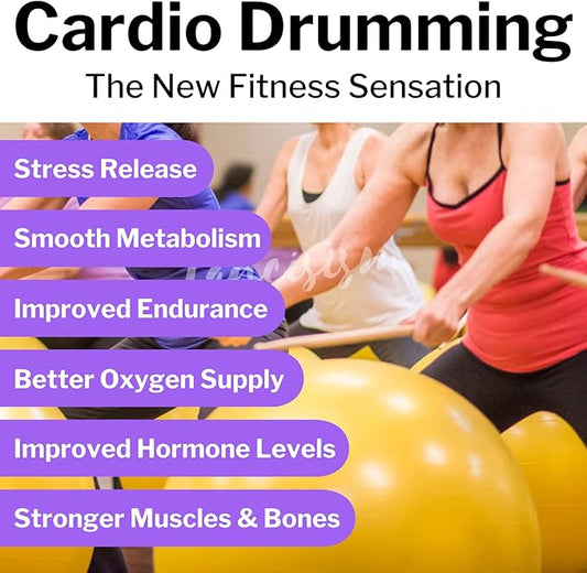 Cardio Drumming Equipment Set - 26" Exercise Ball with Pump and Weighted Cardio Drumming Sticks with Grips - Fitness Yoga Ball Drumsticks Workout for Balance, Rhythm, Aerobic Moves, Dance, Gymnastics