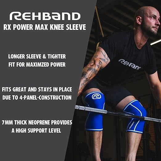 Rehband 7mm knee sleeve Power Max, knee support neoprene for bodybuilding, powerlifting, crossfit & heavy lifting, Colour:Carbon/Black, Size:M