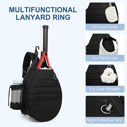 Tennis Bag, Tennis Backpack Holds 2 Rackets, Quilted Crossbody Sling Bag, Waterproof Pickleball Bags with Safety Pocket for Women and Men