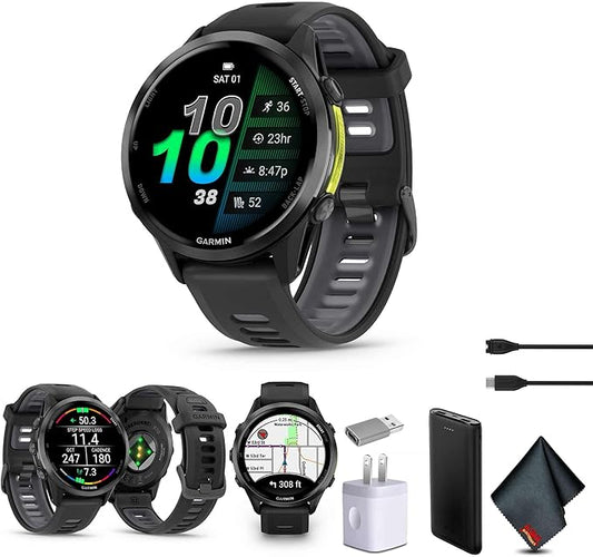 Garmin Forerunner 970 Running Smartwatch, GPS Fitness Smart Watch for Men and Women, Carbon Gray DLC Titanium with Black Case and Black/Translucent Whitestone Band Bundle with P-Bank + More