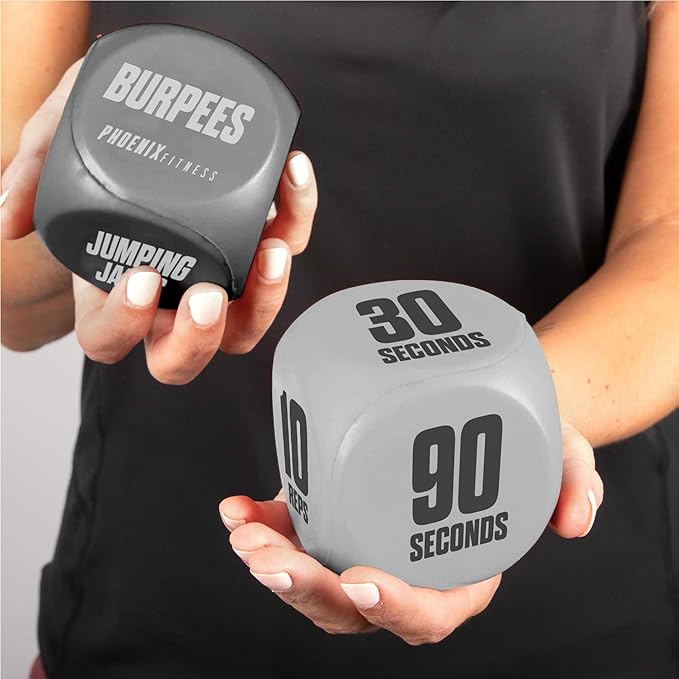 Phoenix Fitness Exercise Dice - Workout Dice Game for Cardio, HIIT Training and Exercise Classes - Training Includes Push Ups, Squats, Jumping Jacks, Crunches & Wildcard - Home and Gym