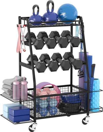 Staransun Dumbbell Rack Stand - Weight Rack for Dumbbells - Home Gym Storage Rack with 4 Flexible Wheels - Weight Rack for Home Gym with Side Storage and Hooks