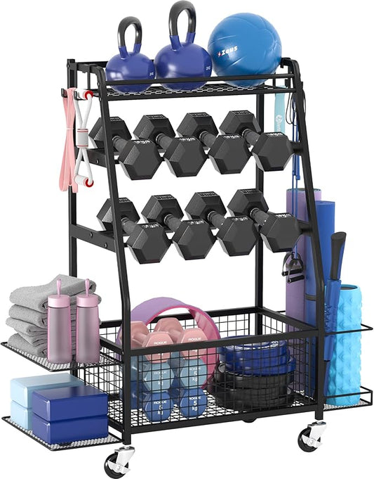Staransun Dumbbell Rack Stand - Weight Rack for Dumbbells - Home Gym Storage Rack with 4 Flexible Wheels - Weight Rack for Home Gym with Side Storage and Hooks