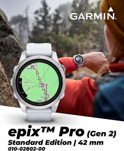 Wearable4U - Garmin epix Pro (Gen 2), 42mm, High Performance Smartwatch, Advanced Training Technology, Built-in Flashlight, Whitestone with White Earbuds Bundle