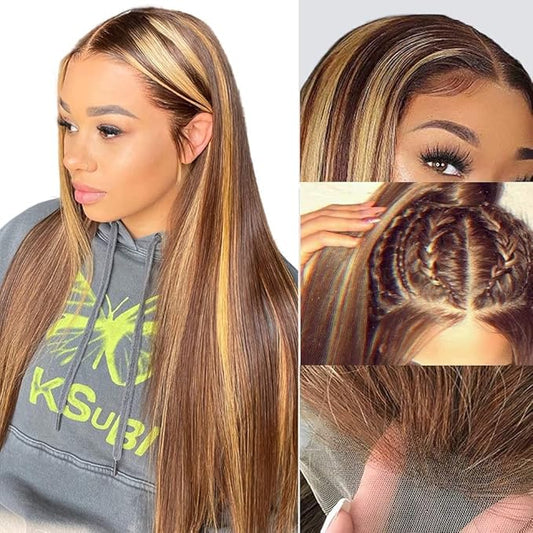FABA Highlight Lace Front Wig Human Hair 32 Inch #4/27 Colored Lace Front Wig 13x4 HD Straight Human Hair 180% Density Ombre Brown with Human Hair Baby Hair