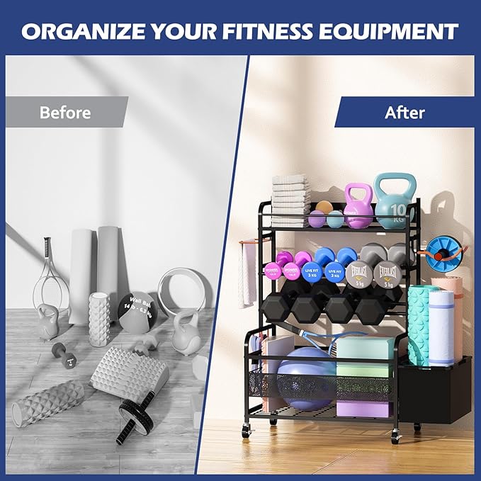 Weight Rack for Dumbbells, Home Gym Storage for Dumbbells Yoga Mat Kettlebells and Balls, All in One Workout Equipment Storage with Wheels and Hooks