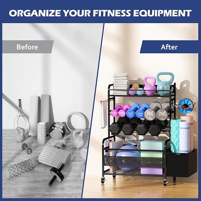 Weight Rack for Dumbbells, Home Gym Storage for Dumbbells Yoga Mat Kettlebells and Balls, All in One Workout Equipment Storage with Wheels and Hooks