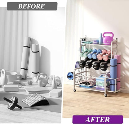 Dumbbell Rack, VOPEAK Weight Rack for Home Gym, Home Gym Storage Rack for Yoga Mat Kettlebells and Strength Training Equipment, Weight Storage Rack for Dumbbells with Wheels