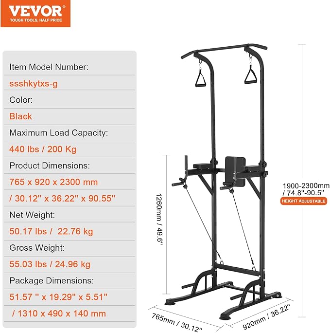 VEVOR Power Tower Dip Station 10-Level Height 7-Level Adjustable 440LBS