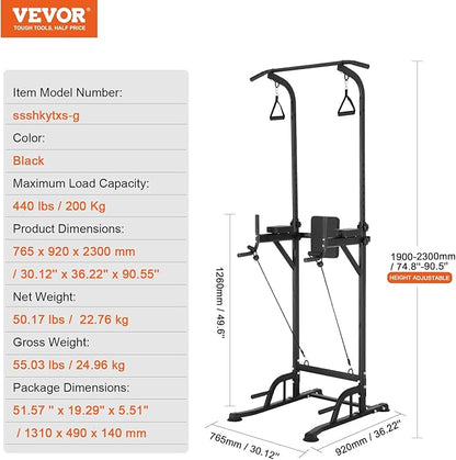 VEVOR Power Tower Dip Station 10-Level Height 7-Level Adjustable 440LBS