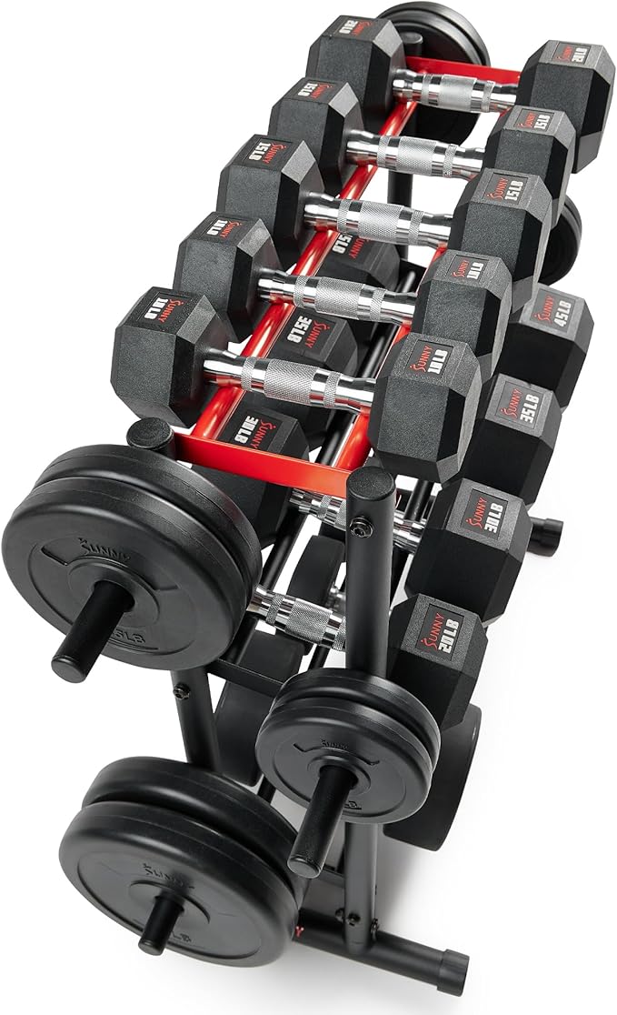 Sunny Health & Fitness Multi-Weight Storage Rack Stand for Dumbbells, Kettlebells, Olympic Weight Plates, Barbell, Medicine Ball