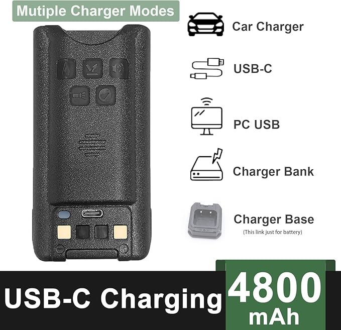 BAOFENG UV-9G Battery USB-C Charger Enlarge 4800mAh Capacity BL-9 Li-ion UV-9R Plus GMRS-9R Accessories BF-T57 Walkie