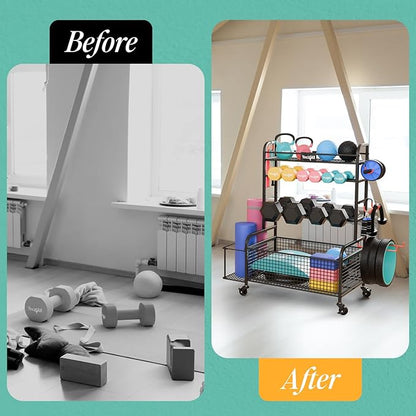 Yes4All Dumbbell Rack, Weight Rack for Home Gym, Sports Equipment Organizer for Dumbbells Kettlebells Yoga Mat Foam Roller and Balls, All in One Gym Workout Storage with Wheels and Hooks
