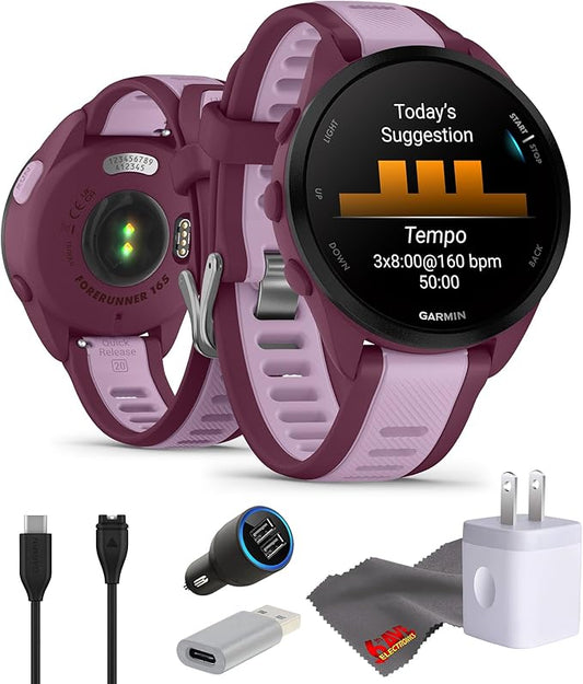 Garmin Forerunner 165 Music GPS Running Smartwatch, Fitness Tracker Smart Watch for Men and Women Bundle with Accessories - Berry/Lilac