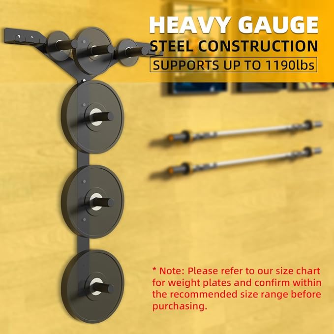 Wall Weight Plate Holder and Barbell Holder, 6 Pegs & 4 Barbell Storage Racks Load Up to 1190 LBS, Wall Mounted Weight Plate Holder, Bumper Plate Storage for Home Gym, Fit 2" Olympic Plates