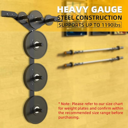 Wall Weight Plate Holder and Barbell Holder, 6 Pegs & 4 Barbell Storage Racks Load Up to 1190 LBS, Wall Mounted Weight Plate Holder, Bumper Plate Storage for Home Gym, Fit 2" Olympic Plates