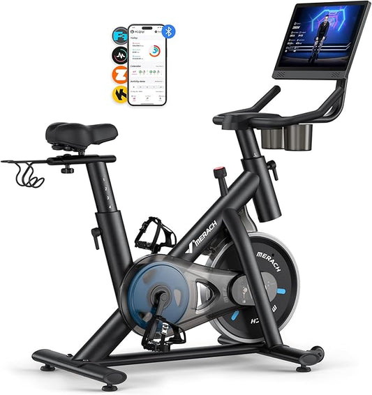 MERACH Exercise Bike, Brake Pad Stationary Bike with Exclusive App, Low Noise Indoor Cycling Bike with 300lbs Weight Capacity, Tablet Mount and Fitness Courses for Weight Loss