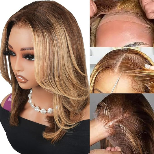 Ombre Lace Front Wig Human Hair stright 9x6 Short Bob Glueless Wigs Human Hair Pre Plucked Pre Cut 200% Density Blonde Highlight wigs For women 12Inch（#4/27 Piano Colored）