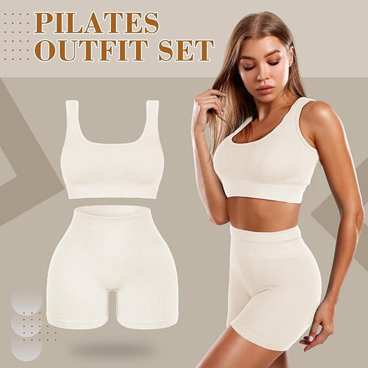 4 Pcs Women's Workout Sets Pilates Exercise Outfit Ribbed Scoop Neck Sports Bra Shorts Leggings Gym Clothes Set