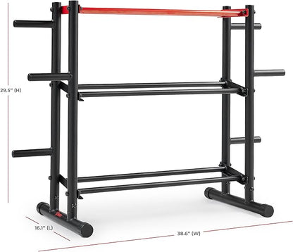 Sunny Health & Fitness Multi-Weight Storage Rack Stand for Dumbbells, Kettlebells, Olympic Weight Plates, Barbell, Medicine Ball