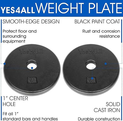 Yes4All 1 Inch Grip Cast Iron Weight Plates for Dumbbells – Standard Weight Plates - 20lb