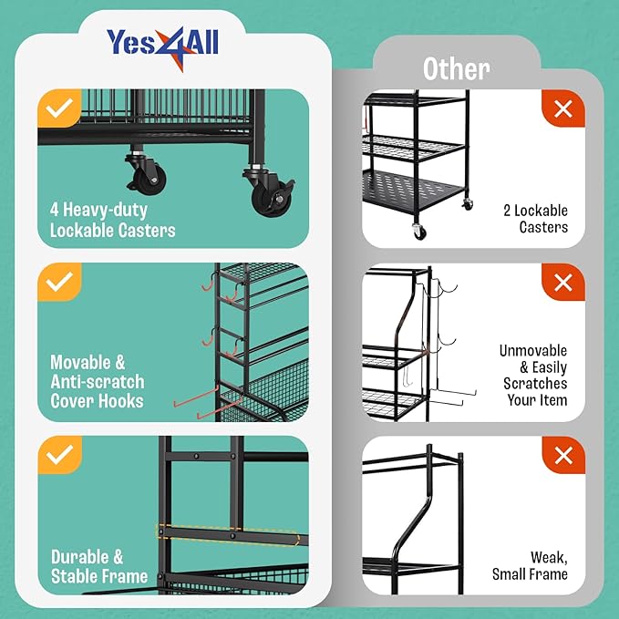 Yes4All Dumbbell Rack, Weight Rack for Home Gym, Sports Equipment Organizer for Dumbbells Kettlebells Yoga Mat Foam Roller and Balls, All in One Gym Workout Storage with Wheels and Hooks