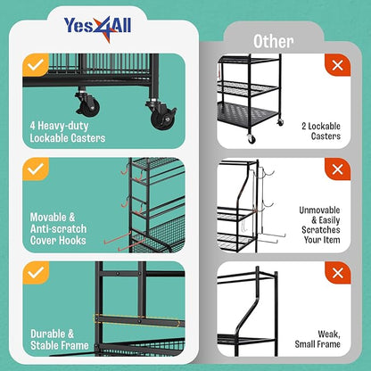Yes4All Dumbbell Rack, Weight Rack for Home Gym, Sports Equipment Organizer for Dumbbells Kettlebells Yoga Mat Foam Roller and Balls, All in One Gym Workout Storage with Wheels and Hooks