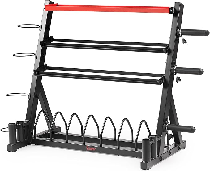 Sunny Health & Fitness Multi-Weight Storage Rack Stand for Dumbbells, Kettlebells, Olympic Weight Plates, Barbell, Medicine Ball