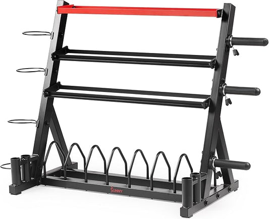 Sunny Health & Fitness Multi-Weight Storage Rack Stand for Dumbbells, Kettlebells, Olympic Weight Plates, Barbell, Medicine Ball